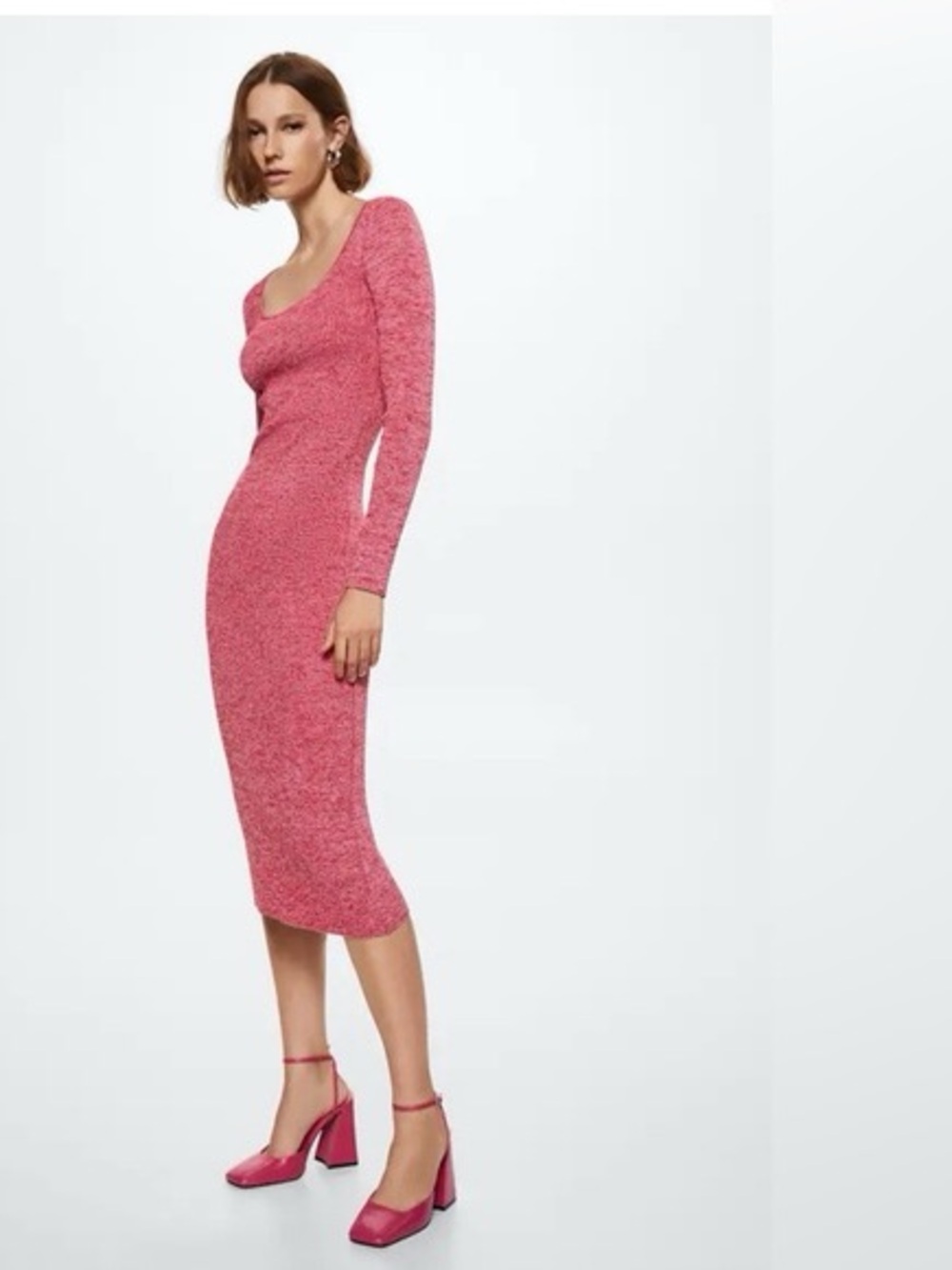 Mango Long Ribbed Knit Dress in Heather Pink